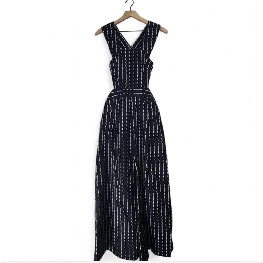 Maeve Anthropologie Derby Day Nautical Pinafore Navy Stripe Wide Leg Jumpsuit 14 - Picture 8 of 14
